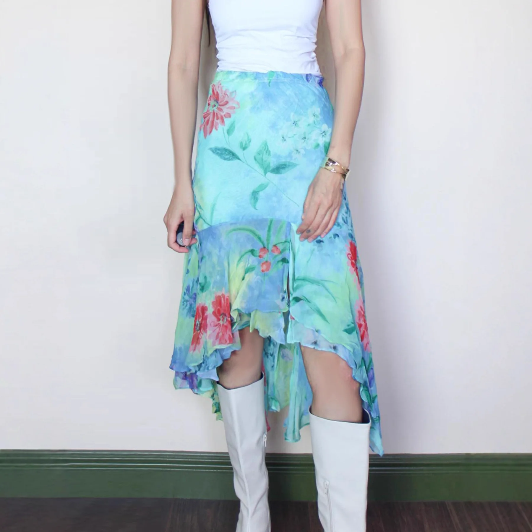 2026 봄 신상 여성 불규칙 유화 꽃 메쉬 중장 스커트