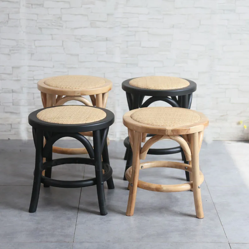 Rattan Chair Solid Wood Small Stool Small Round Chair Without Backrest Household Shoe Changing Stool Low Stool Nordic Furniture