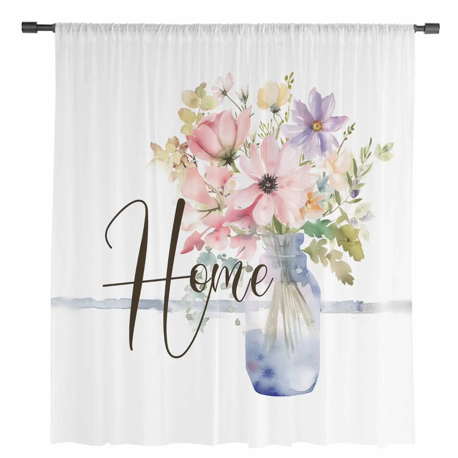 Watercolor Flowers Vase Tulle Curtains for Living Room Bedroom Modern Chiffon Sheer Voile Kitchen Window Curtain