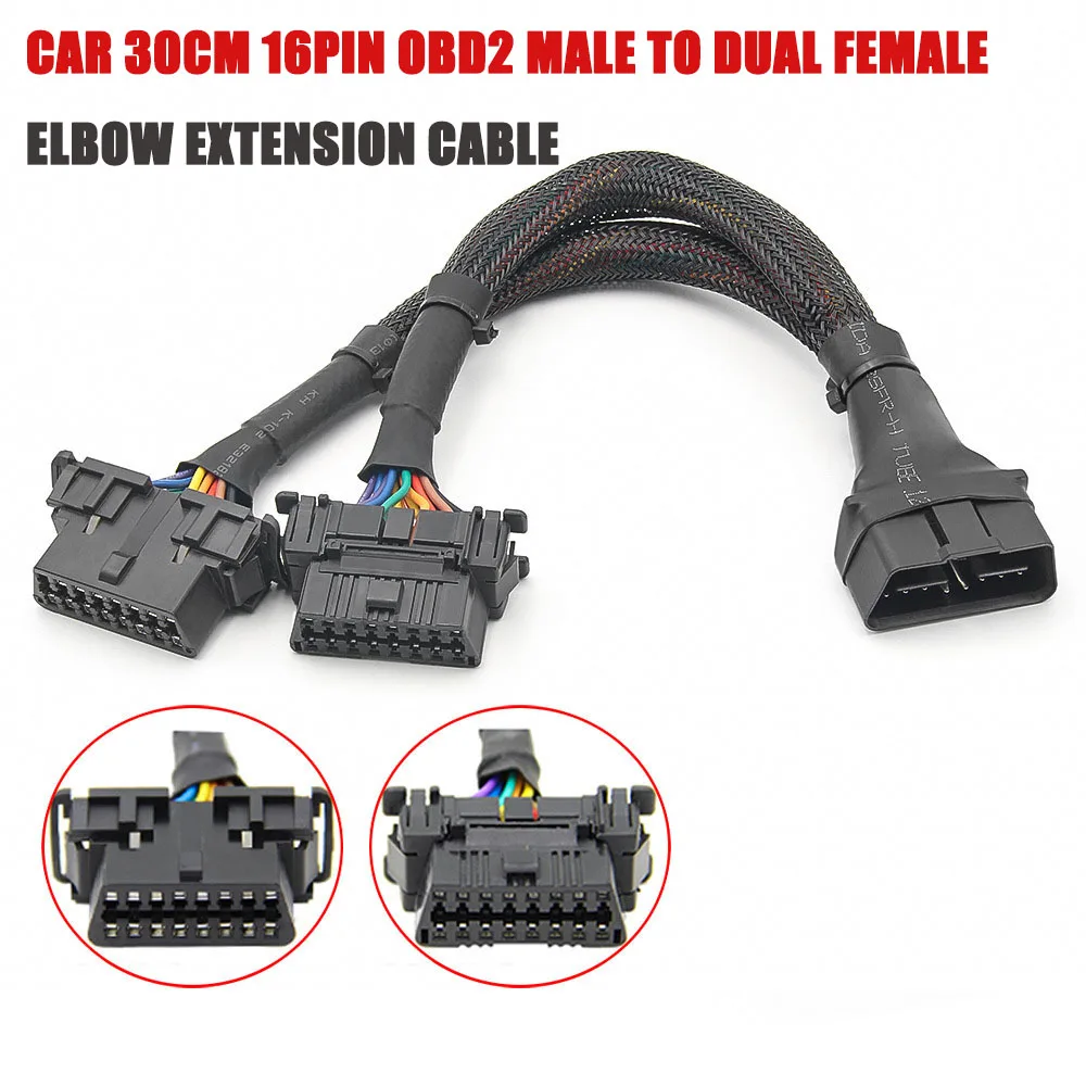 OBD2 Male to Dual Female Elbow Extension Cable with 16pins 1 IN 2 Converted Cable OBD 2 Flat Line Adapter with 16Pin Connected