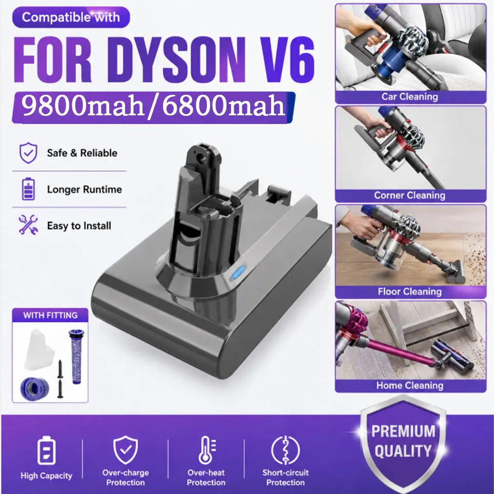 Image of 21,6 V 9800 mAh Ersatzakku für Dyson V6 DC58 DC59 DC62 SV03 SV04 SV09 Animal Slim Absolute Vacuum