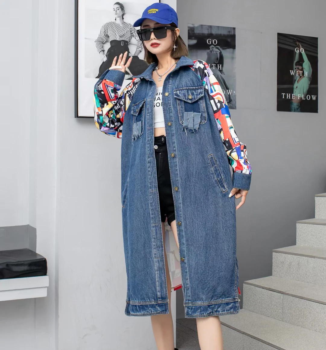 European Station 2023 Spring  Alphabet Graffiti Print Polo Collar Mid-Length Patchwork Denim Jackets Women's Fashion Jeans Coats