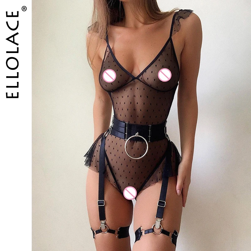 Ellolace Polka Dot Bodysuit Lingerie Sexy Transparent Tempt Sissy Body Lace See Through Erotic Costumes Fitness Porn Hot Tops