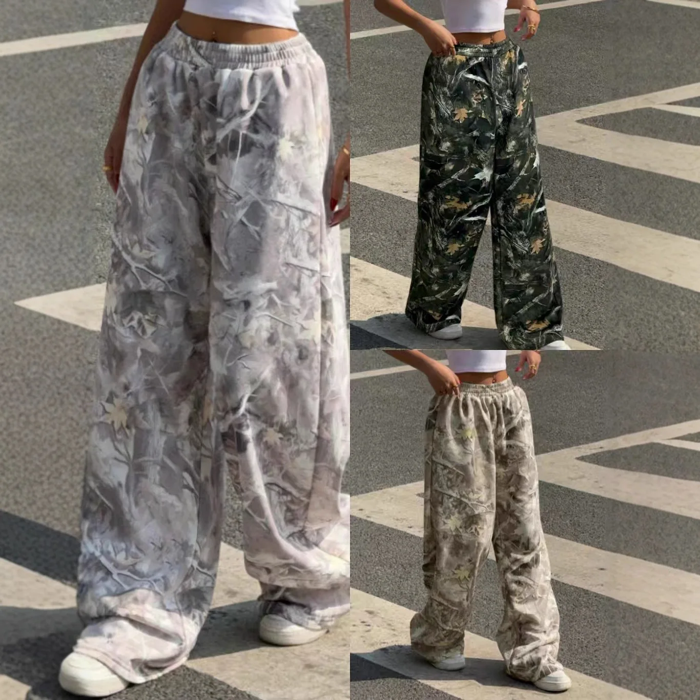 Women Elastic Waist Wide Leg Pants Tree Camo Print Baggy Sweatpants Y2K Streetwear Casual Long Trousers