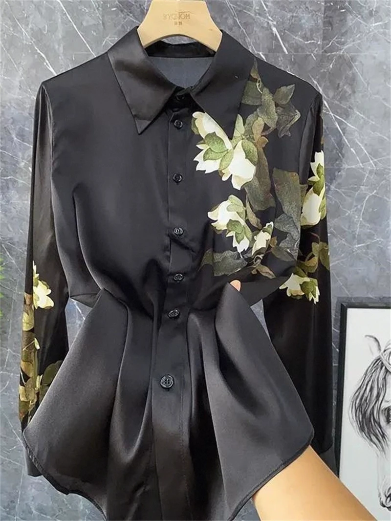 ZAROY Blusas Para Mujer Woman Clothing Shirt And Blouse Black Satin Female Shirt Elegant Long Sleeve Lapel Slim OL Shirt Camisas