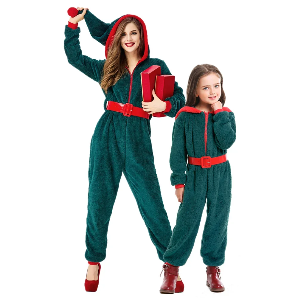 Christmas Elf Costume For Adult Child Cosplay Green Christmas Tree Dress Up Casual Home Daily Parent-Child  Hooded Jumpsuit