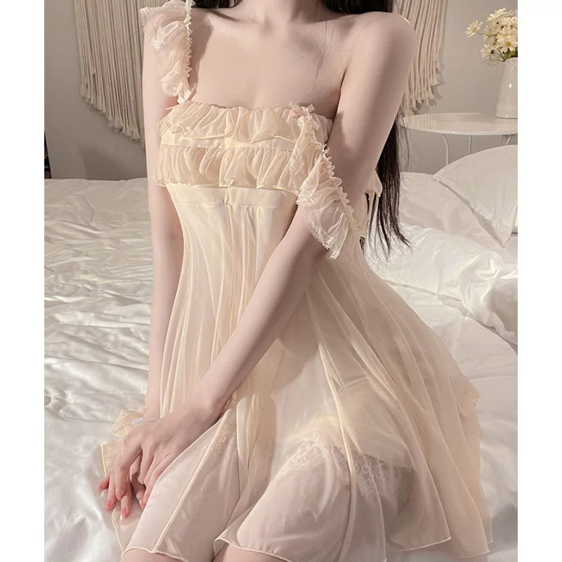 

Ruffle Mesh Nightdress Sleepwear Sexy Female Suspender Nightgown Summer Palace Style Chemise Nightwear Loose Home Dressing Gown