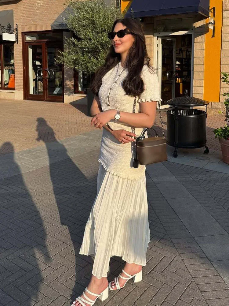 เสื้อครอปแขนสั้นผู้หญิง HH แบบเซ็กซี่ คอทรงโอ แต่งลายลามิเนต มีกระเป๋า เหมาะสำหรับฤดูร้อน ผ้าถัก