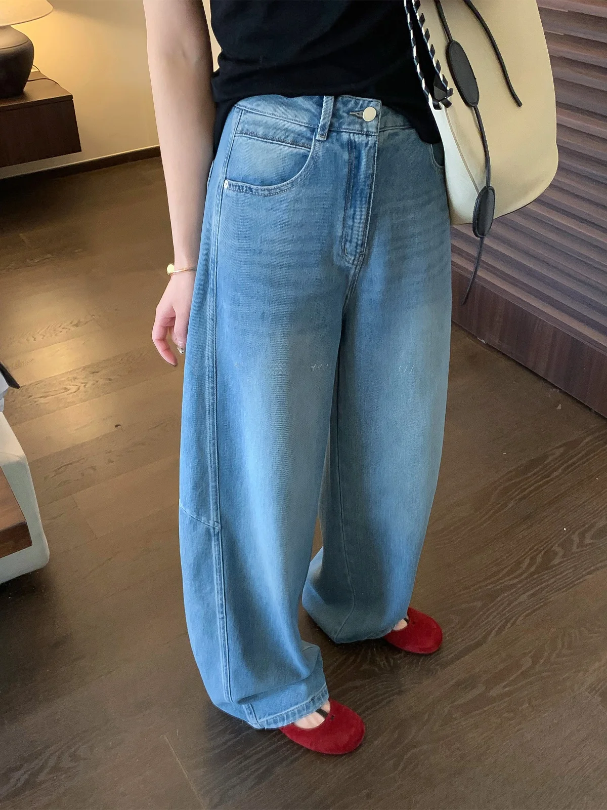 

High Waist Wide Leg Blue Washed Denim Jeans Women's Loose Fit Spring New Style Love Devil Fish Retro Printed Casual Trousers