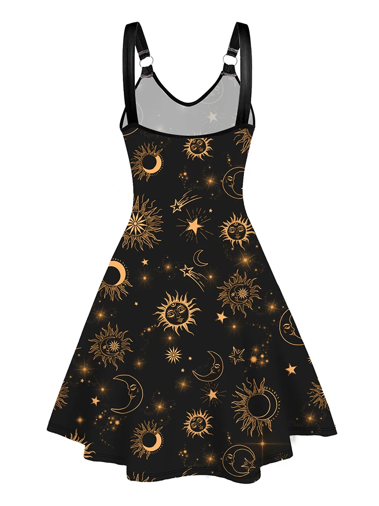 Allover Galaxy Sun Moon Star Celestial Print Straps Sleeveless Tank Dress O Ring V Neck A Line Dress 2024 Sukienki damskie