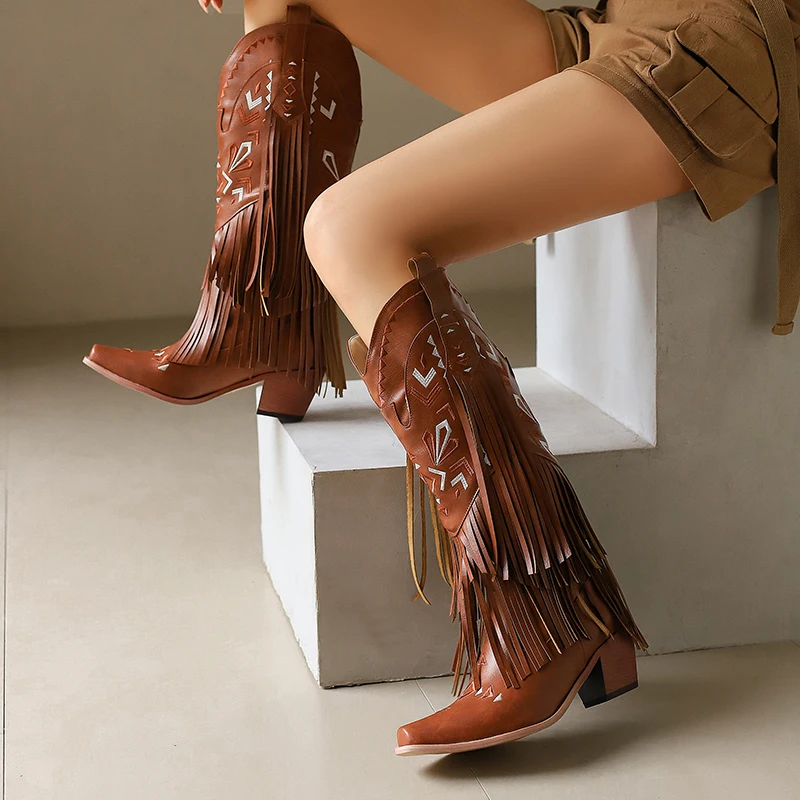 Ethnic Style Embroidery Sewing Tassel High Knee Western Cowboy Boots Women Square Toe Chunky Heels Fringe Cowgirl Boots 46 47 48