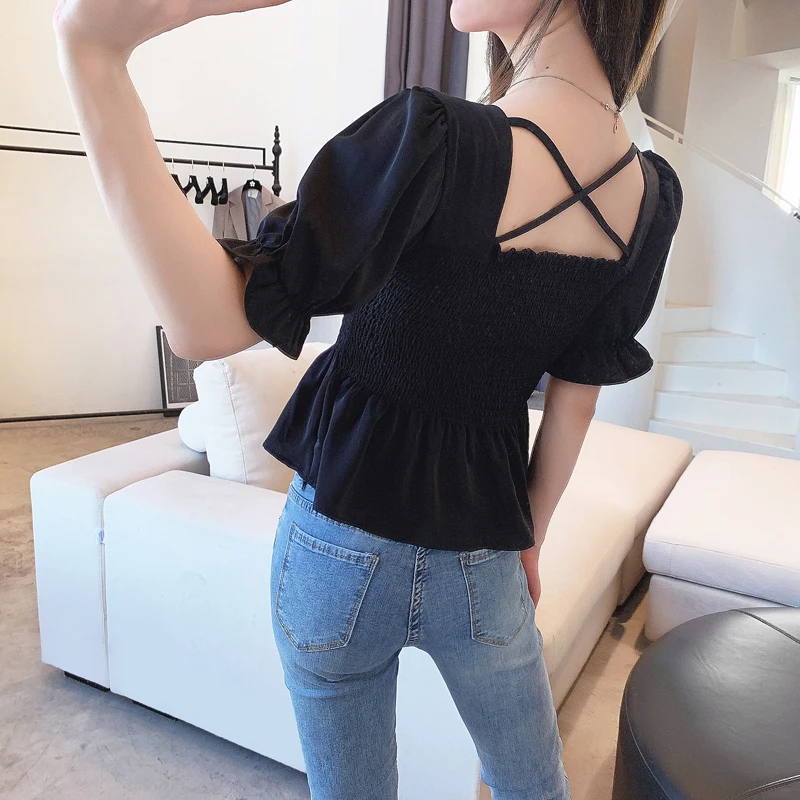 

Шикарный женский шифоновый топ с короткими рукавами-фонариками в корейском стиле, однотонный, модный, с завышенной талией, лето 2025