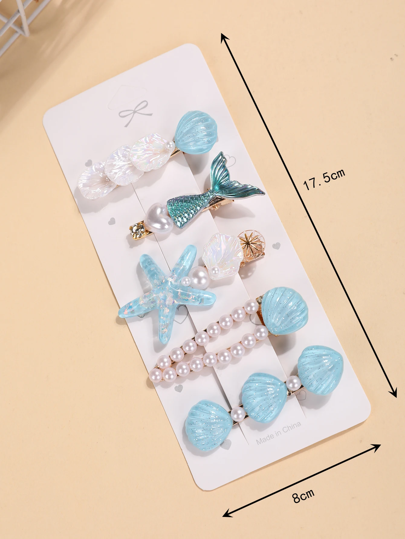 5-teiliges Set Blaue Haaraccessoires im Ozean-Stil - Meerjungfrauenschwanz, Muschel, Seestern und Perlen-Haarspangen - Niedliche Teenager-Seitenknoten-Accessoires – Detail 3