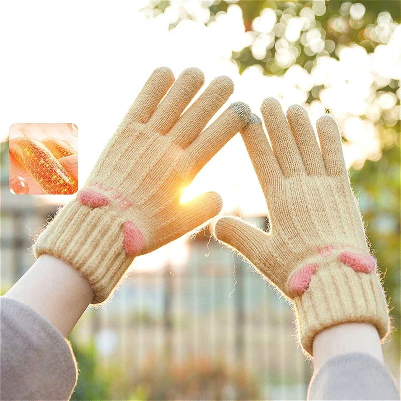 Motorbike Knitted Warm Gloves Women Winter Padded Thickened Coldproof Cute Riding Touch Screen Woolen Gloves