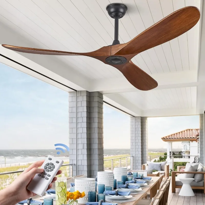 60 Inch Outdoor Ceiling Fan Without Light, 3 Blades Solid Wood Ceiling Fan with Remote Control for Patio, Living Room