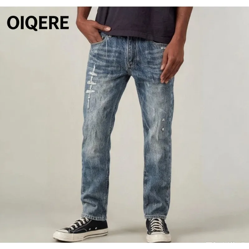 OIQERE Men European American High Street Ripped Distressed Jeans Loose Straight Fit Slimming Casual Long Pants
