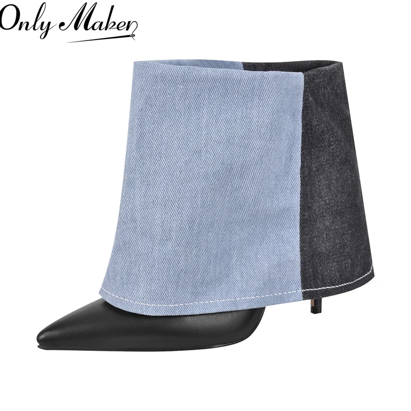 

Женские джинсовые ботинки Onlymaker с острым носком, Дизайнерские ботильоны, повседневные ботинки смешанных цветов для повседневного платья, Лоскутные ботинки