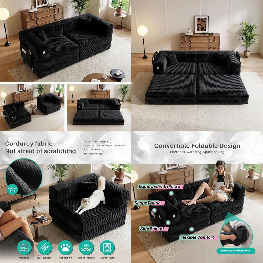 أريكة سرير قابلة للتحويل، سروال قصير على الأرض، مرتبة قابلة للطي بمقعد الحب مع إطار ثابت ووسائد مريحة #1