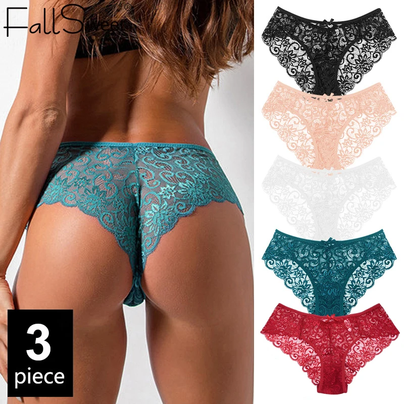 FallSweet 3PCS/Lot Women Sexy Lace Panties Mid-Rise Mesh Briefs Soft Thin Transparent Underwear Girls Intimates Lingerie M-2XL