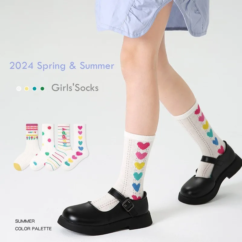 

Girls Summer Socks Rainbow Color Trendy Pattern Crew Socks Baby Toddlers Thin Socks Cotton Socks 4 Pairs/lot