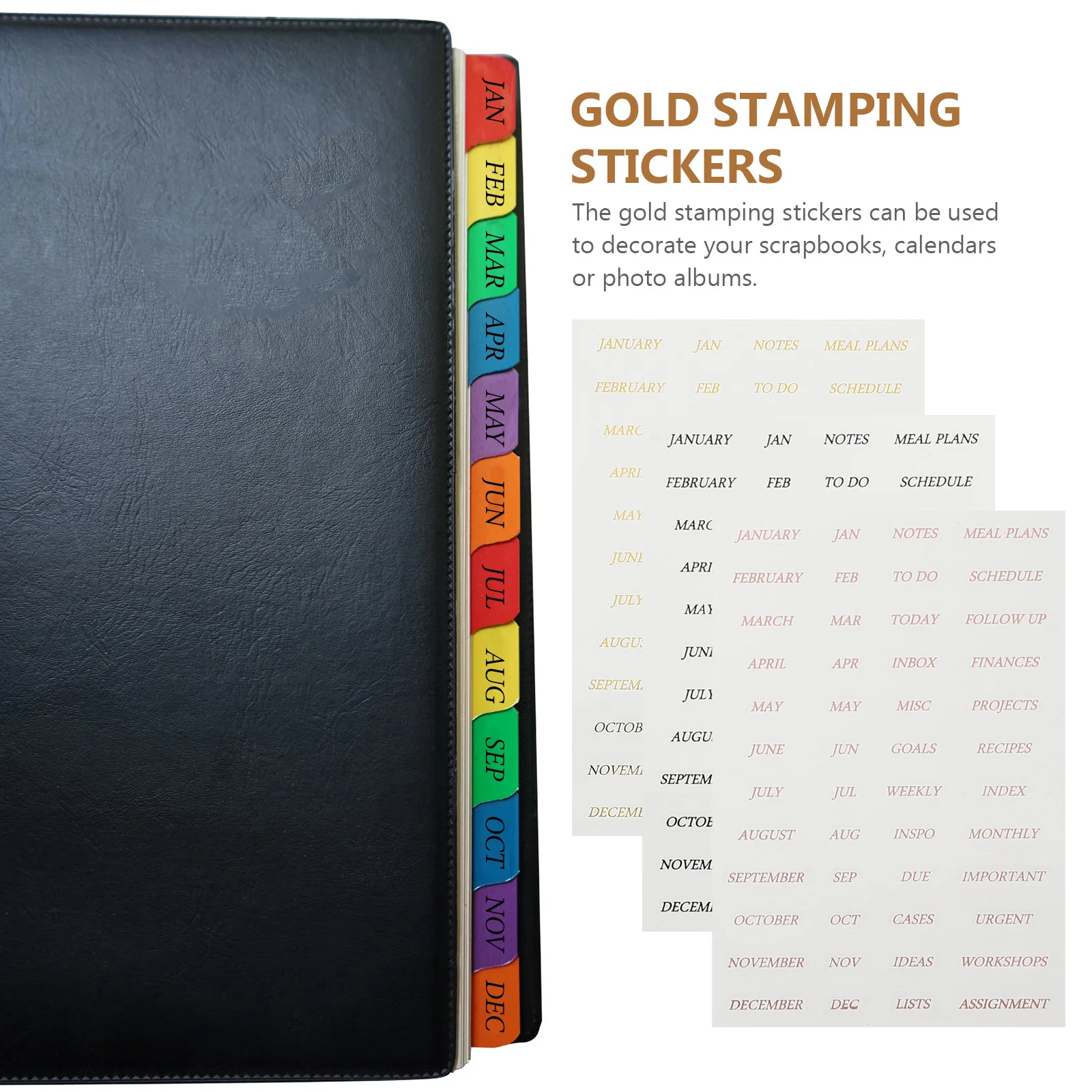 

6 Sheets Gold Stamping Stickers English Monthly Calendar Scrapbooking Decorative English Word Stickers for Scrapbook DIY