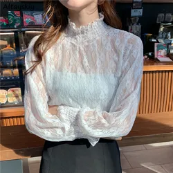 Long Sleeve T-shirts Women All-match Comfort Elegant Office Ladies Tops Simple Lace Solid Trendy Ulzzang New Arrival Cozy Mujer