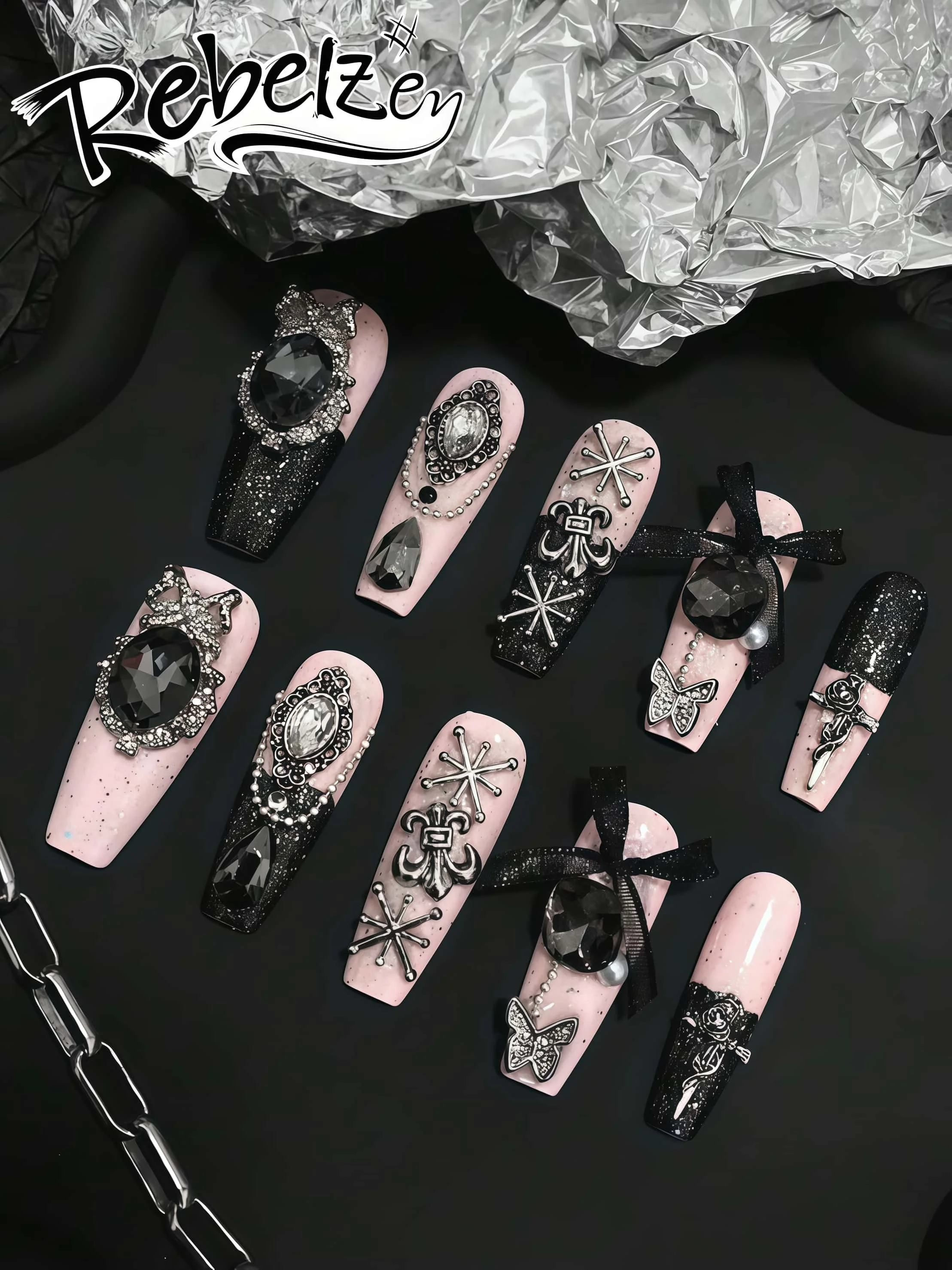 10 Pieces of Handmade Wearable Nail Art, Trapezoidal Full-Cover Nail Tips, Extra Long Length, Black and Pink Color Combination, Dark Gothic Style, Suitable for Women and Girls, Perfect for Halloween, Music Festivals, and Parties, Ideal as a Gift, Includes 1 Piece of Jelly Glue and 1 Nail File