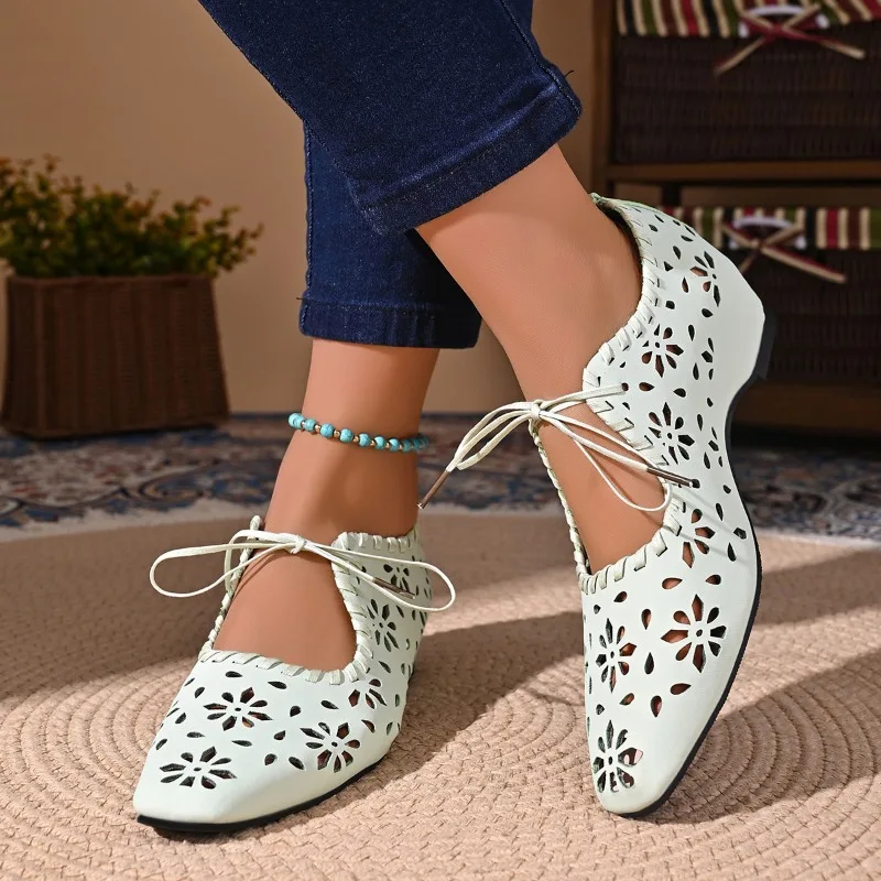 Women Floral Hollow Cutout Lace Up Wedge Slip on Shoes 6.5CM Two Way Wear Square Toe Breathable Casual Daily Walking Flats