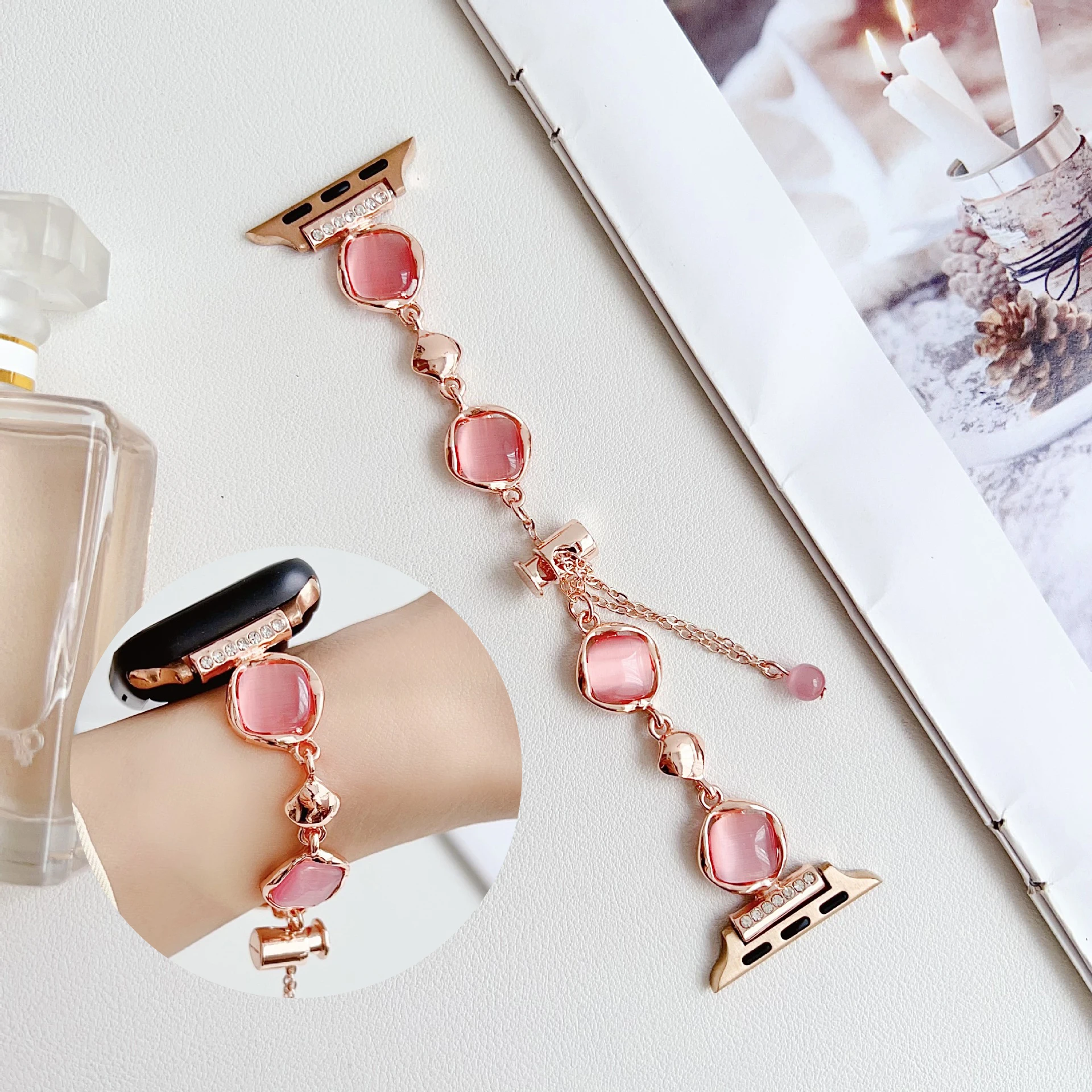 

Красочный ремешок-браслет с камнем «кошачий глаз» для Apple Watch 46 мм Iwatch S10 S9 46/44/42/41/38 мм, элегантный женский ремешок 49 мм Ultra1/2