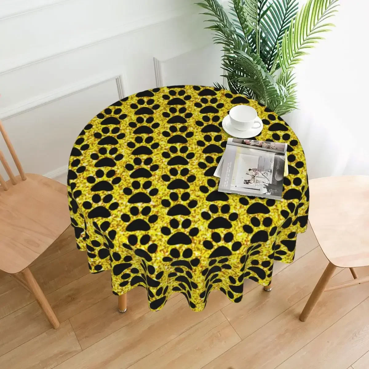 Dog Paws Round Tablecloth Gold Glitter Print Printed Table Cover For Living Room Dining Funny Polyester Table Cover