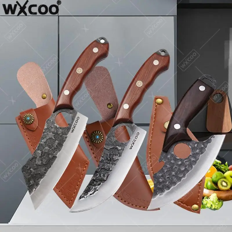 WXCOO Handmade Forged Butcher Knife Full Tang Wooden Handle Stainless Steel Kitchen Knife Meat Cleaver Fruit Knife for Household