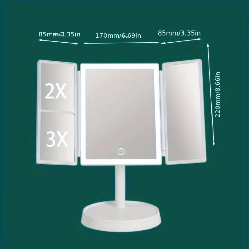 Espelho de maquiagem iluminado triplo com ampliação 3x/2x, espelho cosmético de bancada de luz led de 3 cores, dobrável de viagem mak
