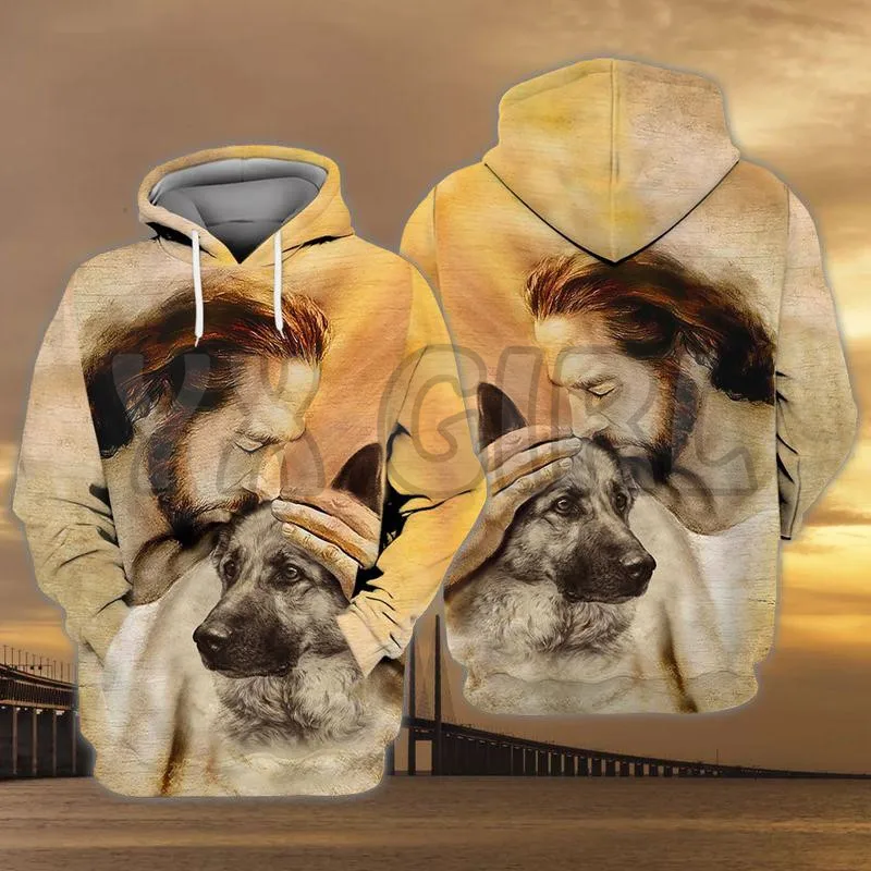 Gembala Jerman dengan Tuhan Hoodie Cetak 3D Uniseks Pullover Hoodie Anjing Lucu Olahraga Jalanan Kasual