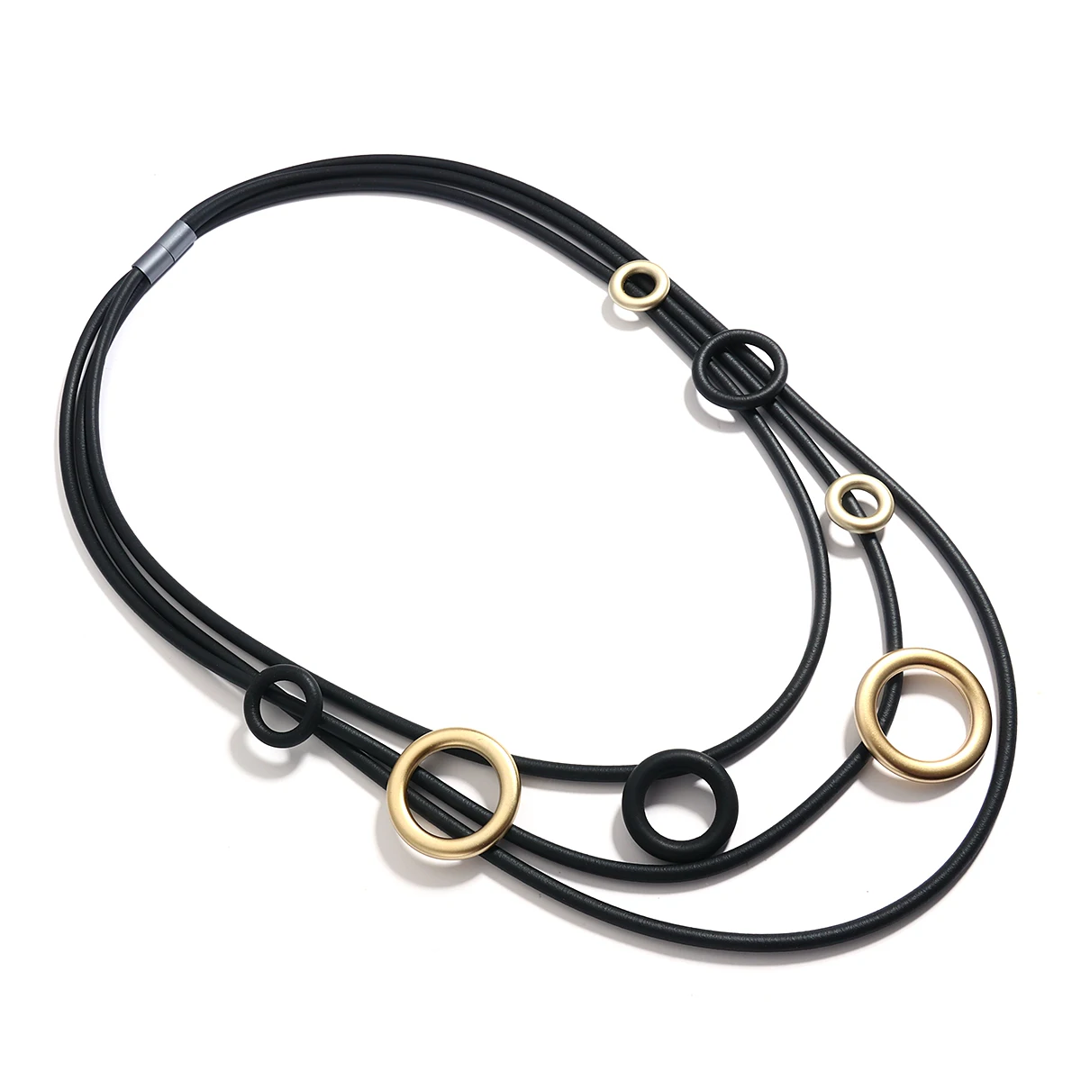 Amorcome Fashion Multilayer Black Rubber Long Necklace Simple Aluminum Alloy Round Pendant Necklaces for Office Ladies Jewelry