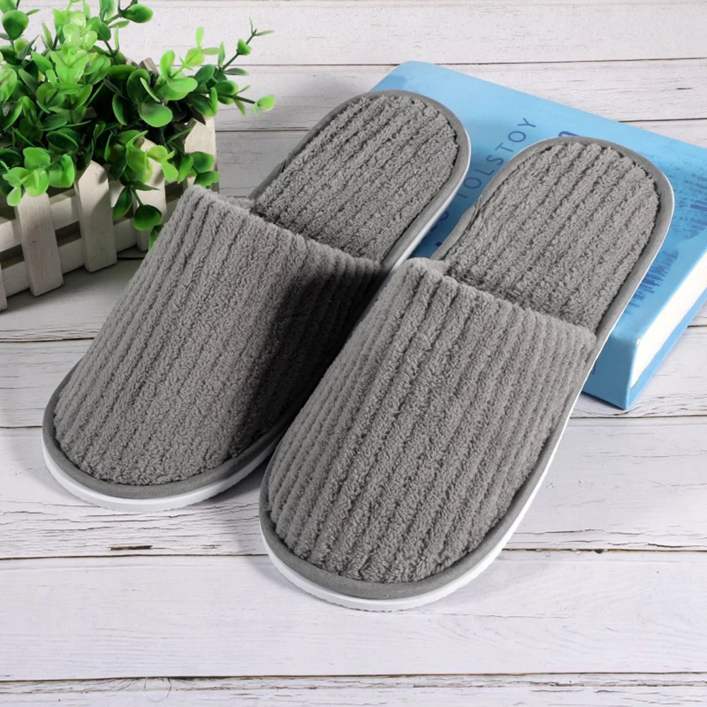 Striped Coral Fleece Women Slippers Winter Warm Hotel Slippers Non-slip Home Bedroom Indoor Female Shoes Solid Color Slide