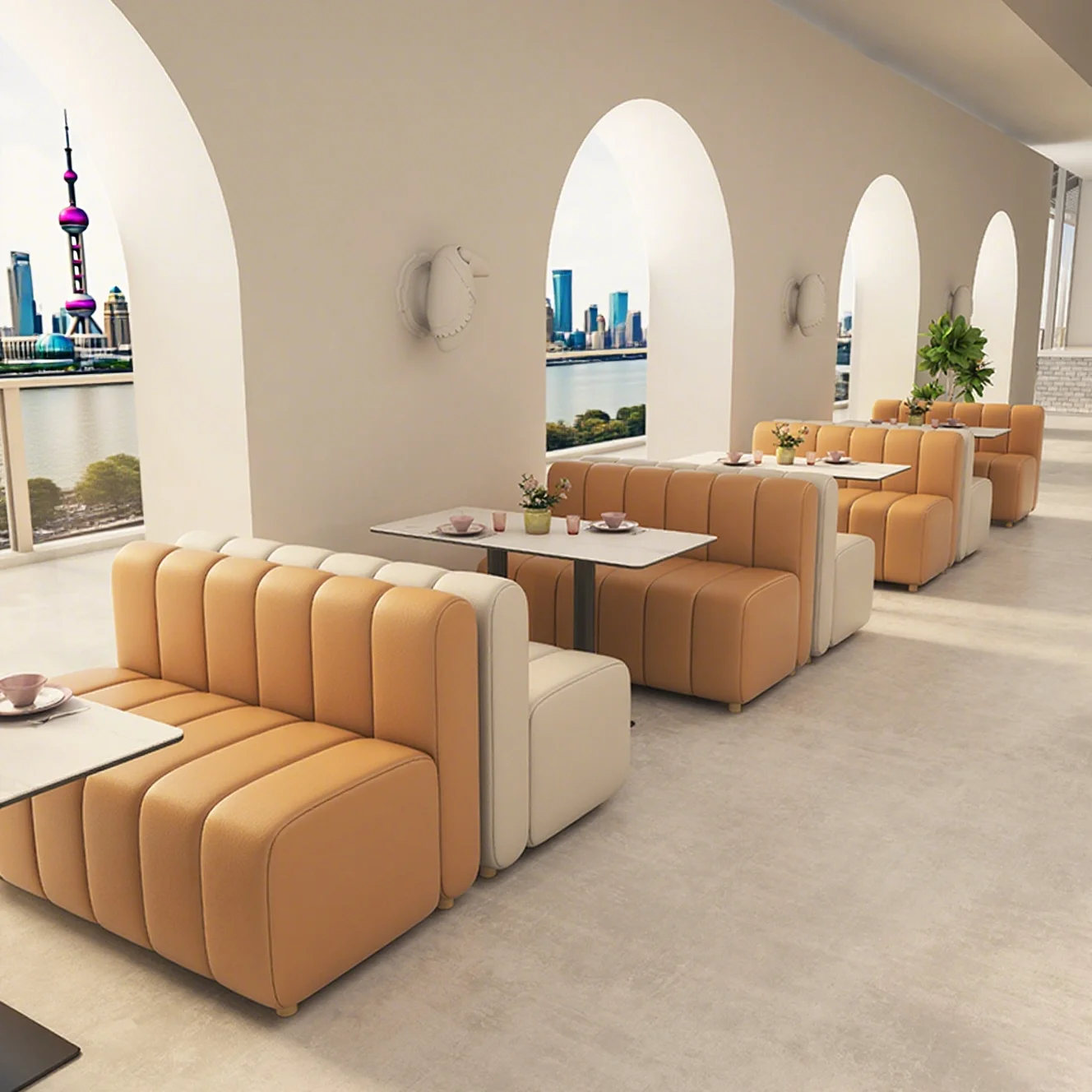 Cafe Coffee Shop Milk Tea Dessert Shop Booth Sofa Teahouse Modern Leather Commercial Solid Wood 2-Person Restaurant Furniture
