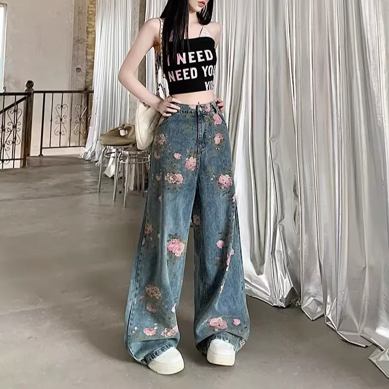 กางเกงยีนส์ลําลองพิมพ์ลายดอกไม้โบราณกางเกงยีนส์ขากว้างสไตล์อินเทรนด์ใหม่