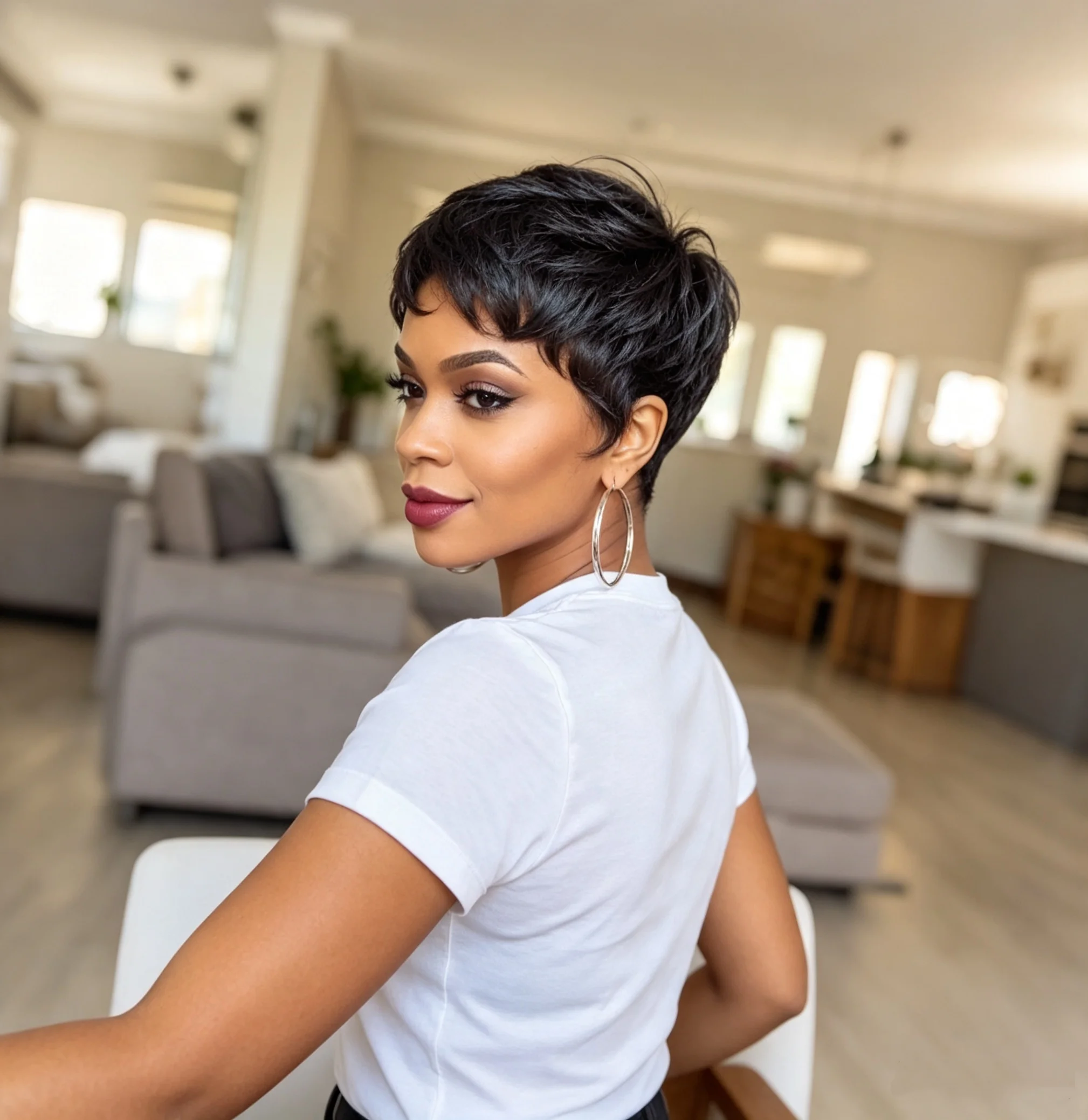 New Short Black Layered Straight Hairstyle Wig With Bangs, Natural Looking Human Hair Full Machine Made Pixie Cut Wig For Women