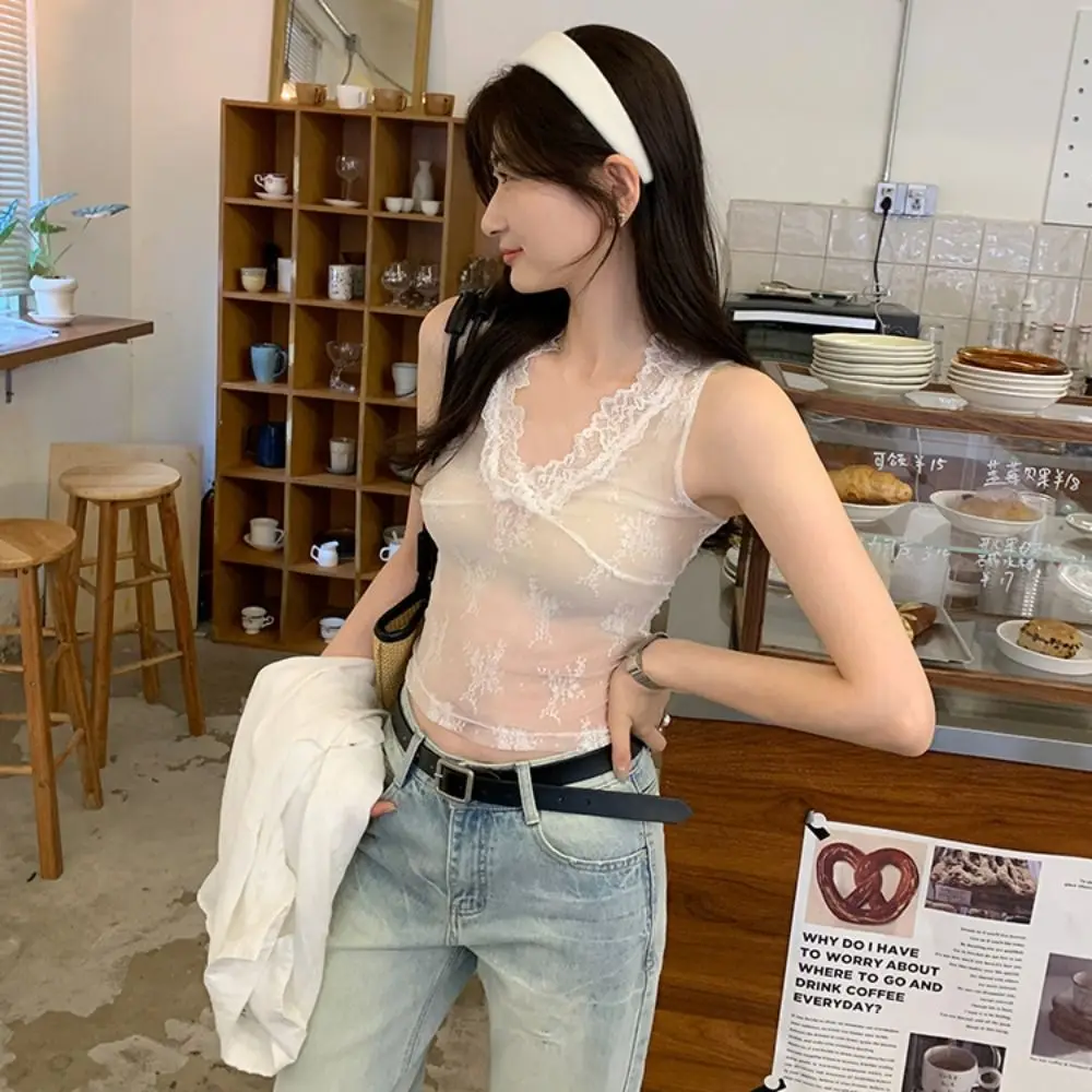 Bottoming Shirt V Neck Lace Base Shirt Sleeveless Hollow Out Lace Mesh Vest Transparent See Through Crop Top Commute Style