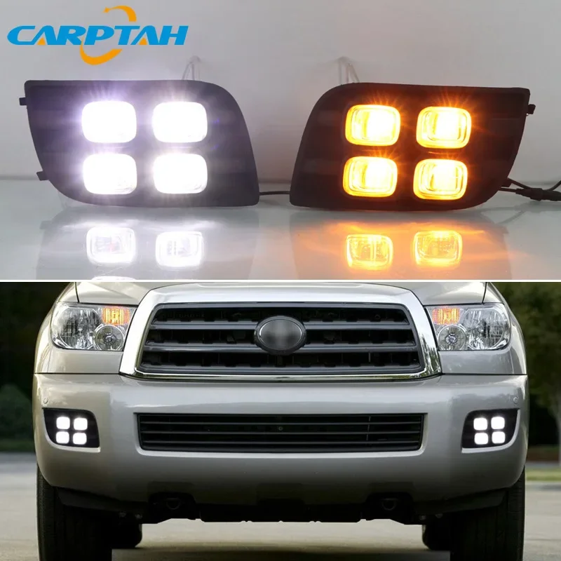 12V Car LED DRL Daylights For Toyota Sequoia 2007-2014 2015 2016 2017 Yellow Turn Signal Daytime Running Light 12v Auto Foglamp