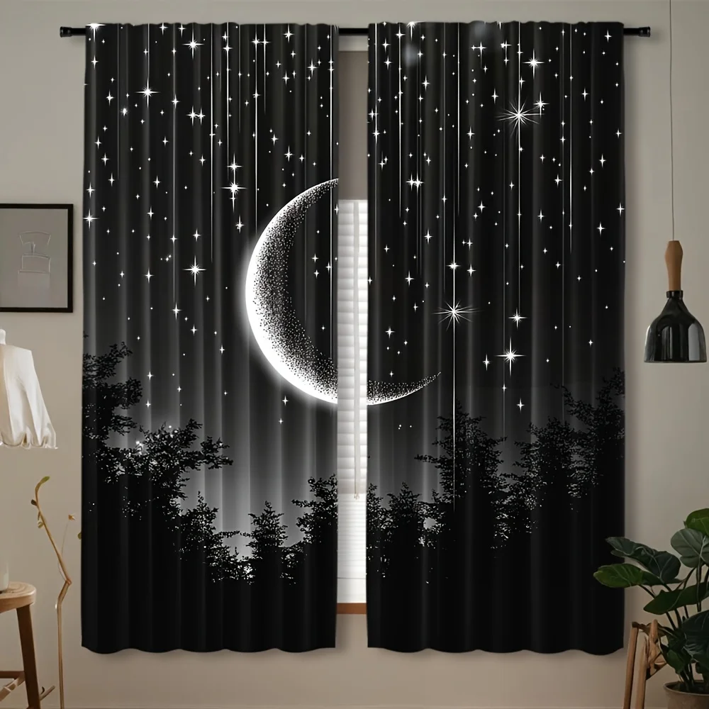 2PCS Digital Print Curtains Starry Night Moon Forest Fantasy Rod Pocket