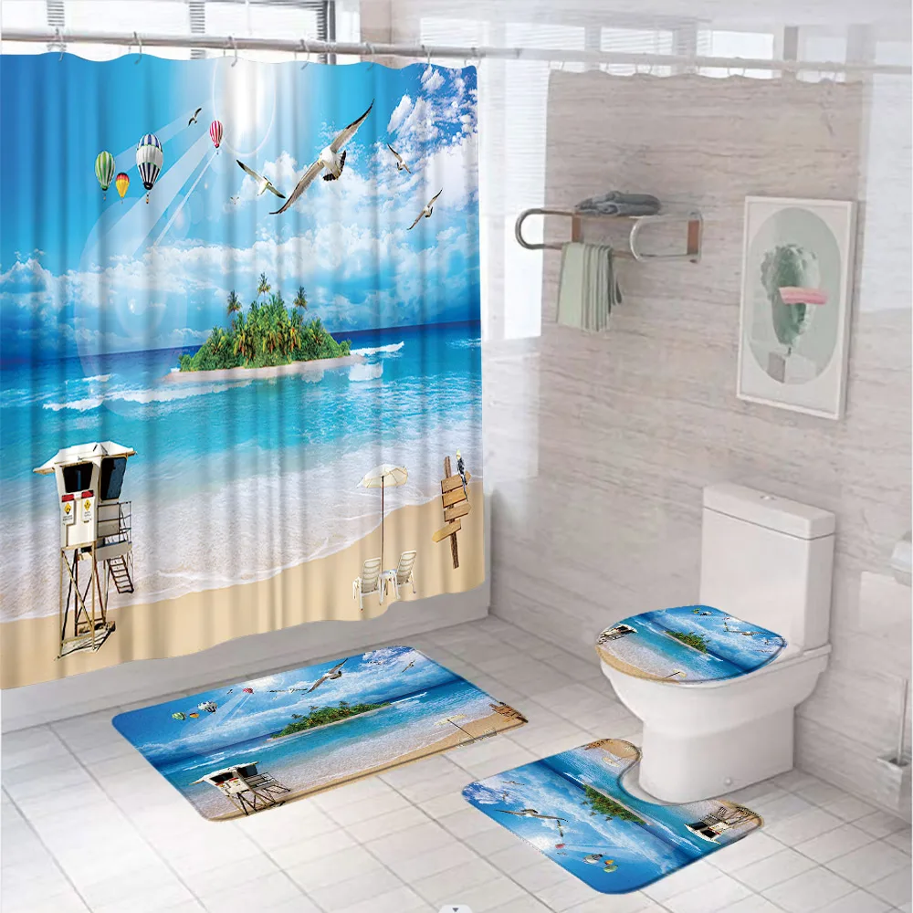 Beach Seagull Bathroom Set Shower Curtain Tropical Palm Tree Hawaiian Island Natural Scenery Non Slip Rug Bath Mat Toilet Cover