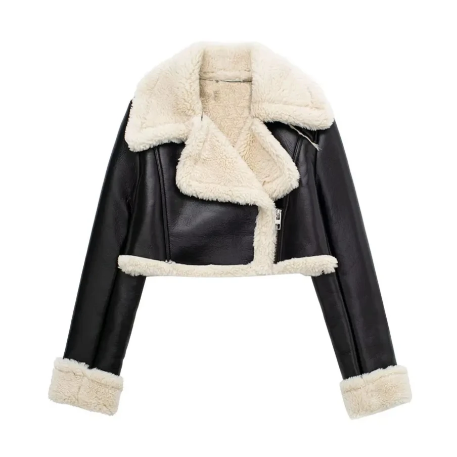 Artificial fur 2024 traf Fall/Winter Fashion Women\'s lapel Motorcycle Thickened Warm front zipper short coat