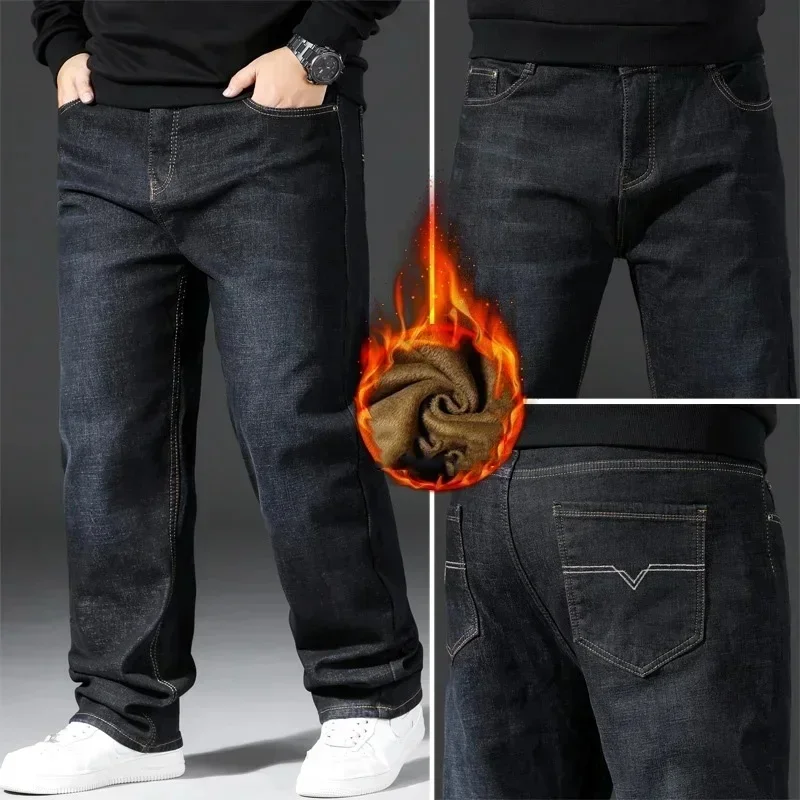 

Winter Warm Baggy Jeans Mens Denim Loose Trousers Men Plush Straight Denim Pants Husband Plus Size Warm Stretch Jeans Oversized