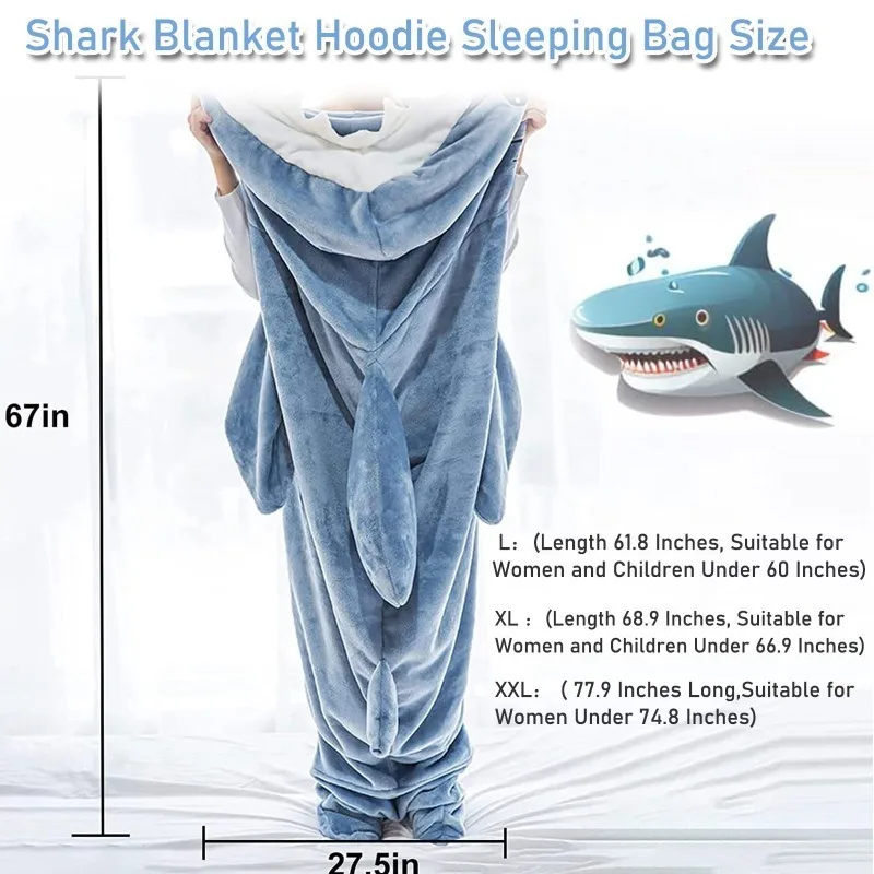 Portable Cartoon Shark Blanket Wearable Pajamas Office Nap Shark Blanket Sleeping Bag For Adults Children