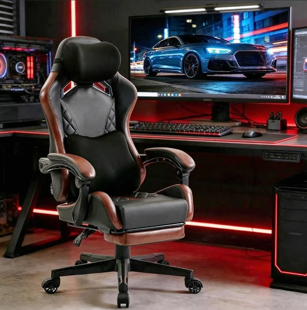 Gaming Chair Ergonomic for Adults with Footrest - PU Leather with Memory Foam Headrest & Lumbar Pillow Black & Brown