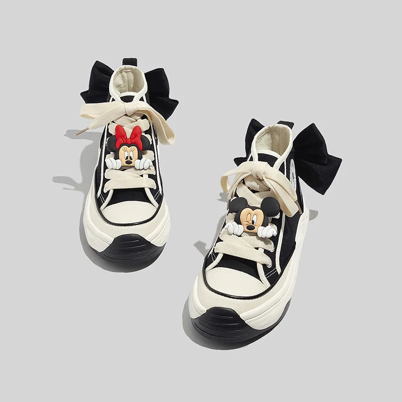 Anime Mickey Minnie Women's High Top Canvas Shoes Fashion New Soft Sole Casual Shoes Black Big Bow Versatile Women's Shoes Gifts