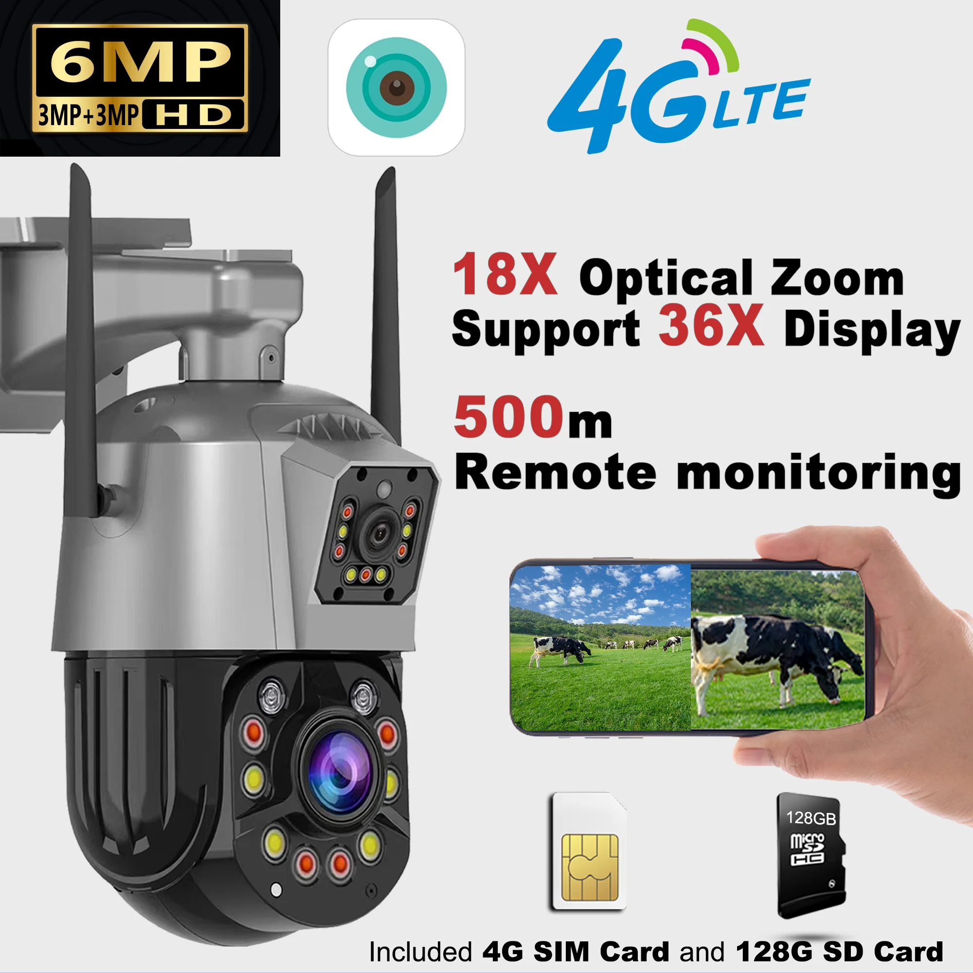 

6MP 4G Surveillance Camera 36x Zoom Security Protection Outdoor Wireless Security Camera Color Night Vision/Two-Way Audio/IP66