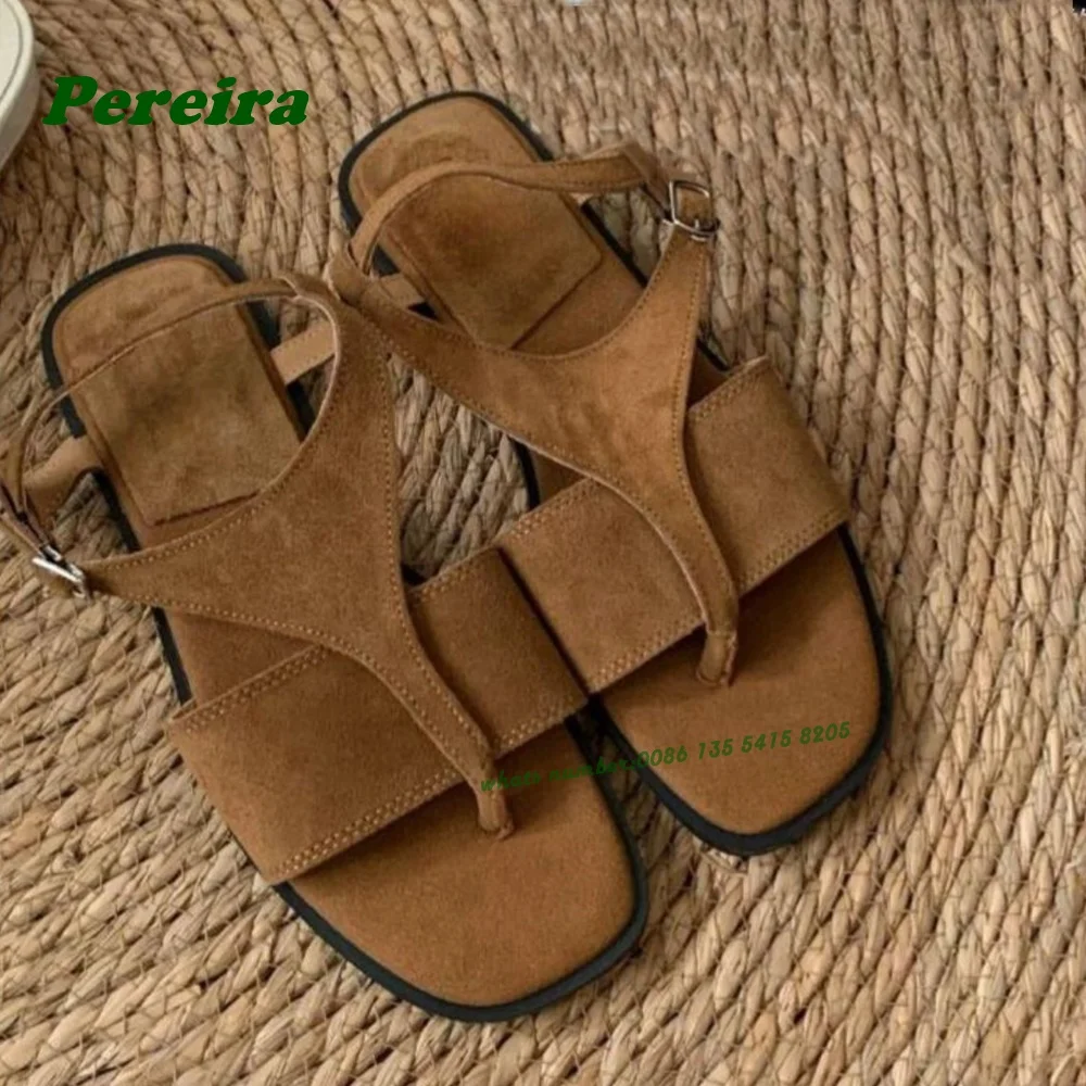 Brown Clip Toe Flat Sandals T-Strap Buckle Slingback Suede Women's Sandals Newest 2024 Summer Low Heels Casual Beach Shoes Sexy