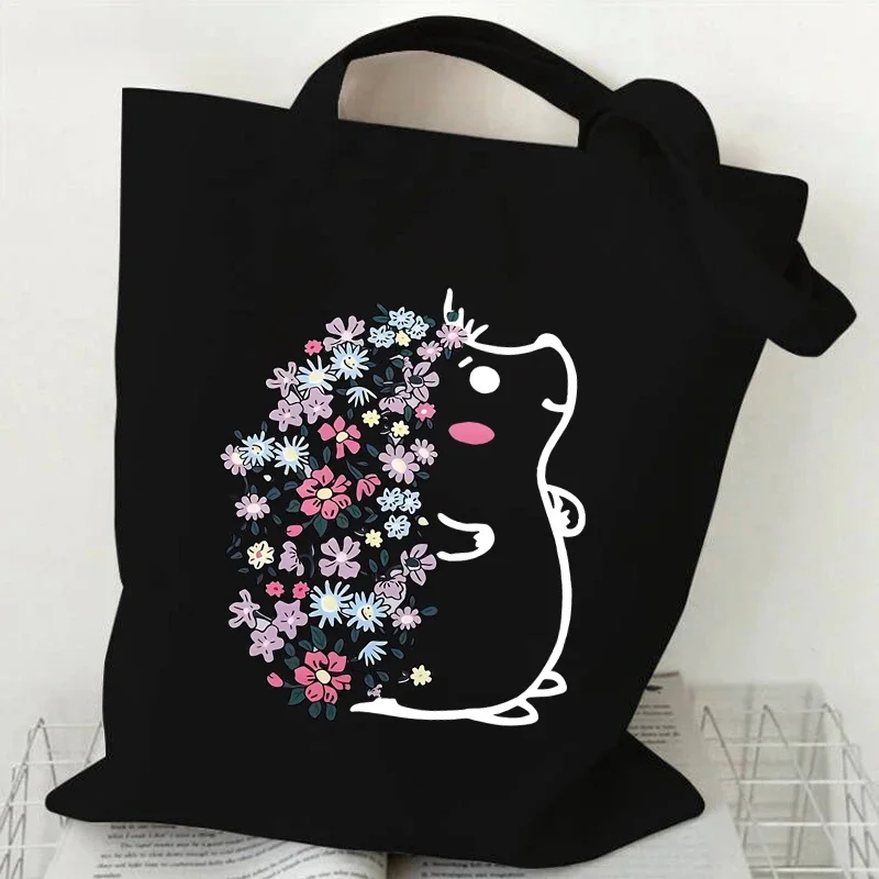 Cute Flower Hedgehog Pattern Tote Bag Women Cartoon Animal Style Shopping Bag Kawaii Hedgehog Canvas Shoulder Bag Lady Handbags